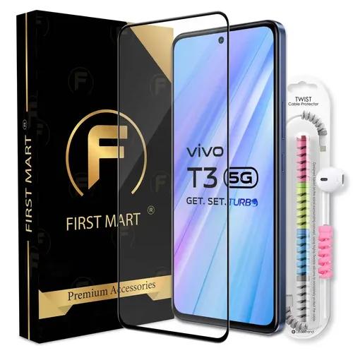 FIRST MART Premium Tempered Glass for Vivo T3 5G with Edge to Edge Coverage and Cable Protector and Easy Installation Kit, Pack of 1