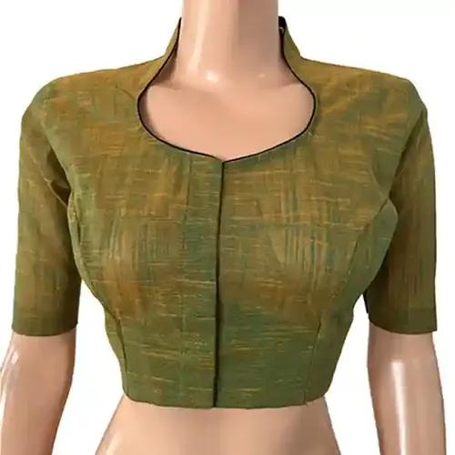 Slub Cotton High neck Blouse - Green S