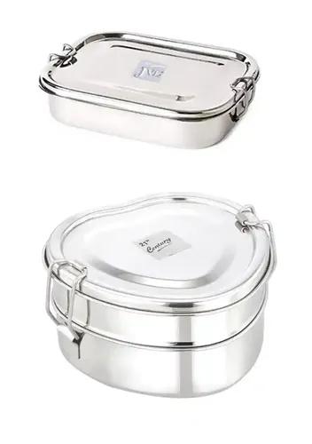 Jvl Stainless Steel Rectangular Single Layer Lunch Box With Inner Plate & Big Heart Double Layer Lunch Box Not Leak Proof - Pack Of 2