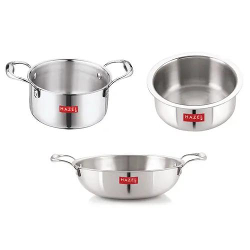 HAZEL Triply Stainless Steel Induction Bottom Tope and Tope with Handle 3.6 Litre, Kadhai 1.5 Litre