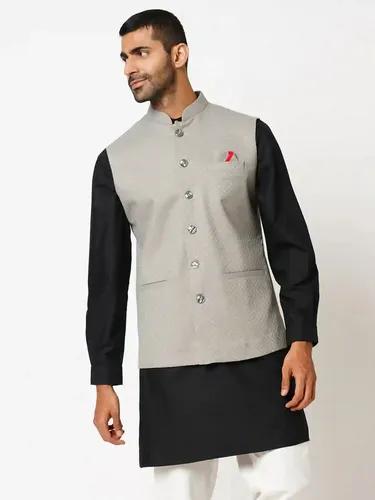 Indivisual Men's Jacquard Pearl Grey Nehru Jacket - S(Grey)