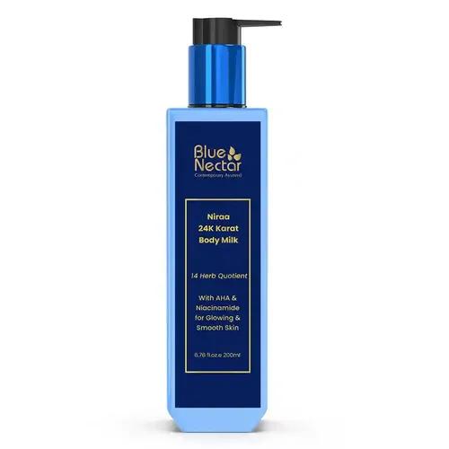 BLUE NECTAR 24K Carat Gold Body Milk for Women & Men | Body Lotion with Plant Based AHA & Niacinamide | Moisturizer for Body | All Skin Types (14 Herbs, 200ml)