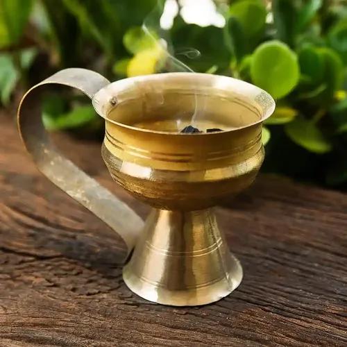 ALODIE - Brass Dhoop Holder | Dhunuchi | Sambrani Dhoop Holder | Dhup Stand Loban Burner With Handle | Purifying Loban Burner Dhuna Dhoop Dani Incense Burner For Home Office Temple God Dhuni Puja Positive Energy