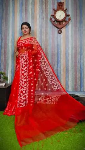 Red Reshom Silk Handloom Jamdani Saree