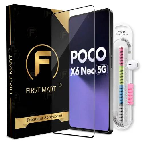 FIRST MART Premium Tempered Glass for Poco X6 Neo 5G with Edge to Edge Coverage and Cable Protector and Easy Installation Kit, Pack of 1