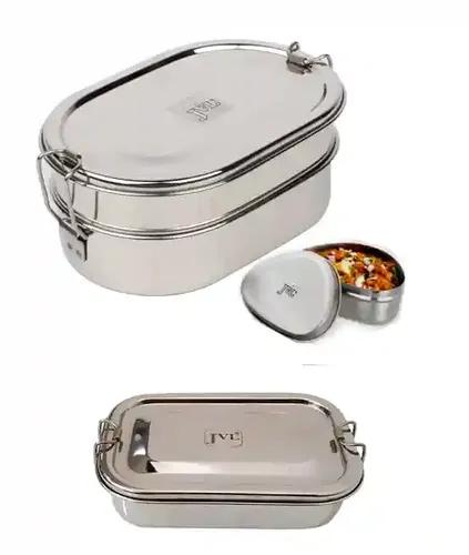 Jvl Stainless Steel Rectangular Single Layer Lunch Box With Inner Plate & Small Capsule Double Layer With Small Container - Set Of 3