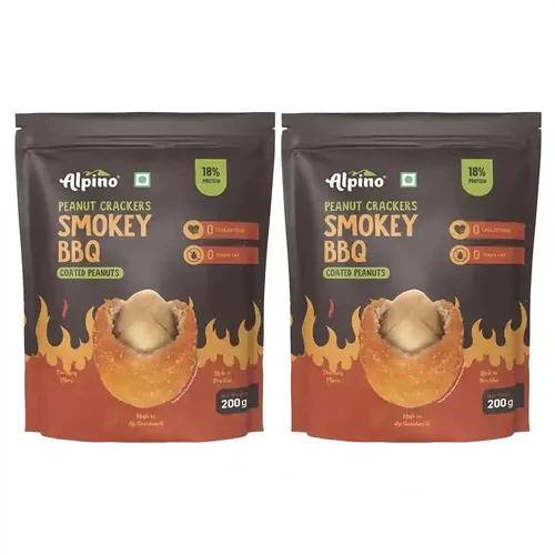 Alpino Health Foods Peanut Crackers Smokey BBQ 400g - Made with Roasted Peanuts & Barbeque Seasoning - 18g Protein, 0 Cholesterol, 0 Trans Fat, Healthy Snack - Indian Spices Coated Peanuts (200g, Pack of 2)