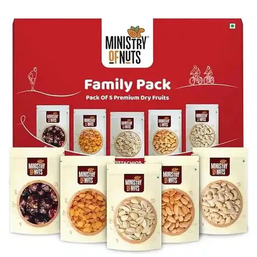 Ministry Of Nuts Family Pack Of 5 Premium Dry Fruits California Almonds 150G, California Pistachios 125G Whole Cashew Nuts 150G, Seedless Raisins 150G & Omani Dates 175G Total 750G