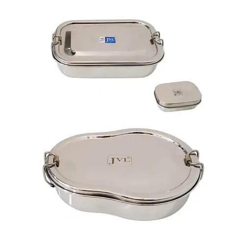 Jvl Stainless Steel Rectangular Single Layer Lunch Box With Small Container & Big Guitar Lunch Box With Inner Plate Not Leak Proof - Pack Of 2