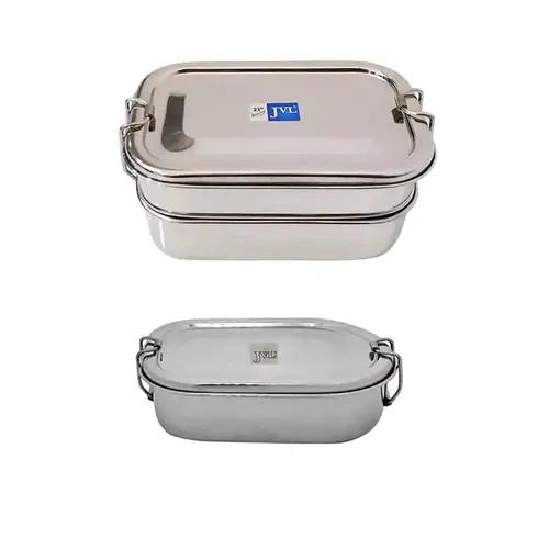 Jvl Stainless Steel Rectangular Shape Double Layer Lunch Box With Inner Plate & Small Kar Shape Single Layer Lunch Box With Inner Plate - Set Of 2