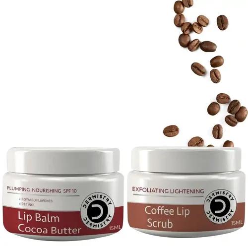 Dermistry Exfoliating Lightening Coffee & Sugar Lip Scrub & Plumping Nourishing Spf 10  For Glossy Tinted  Lip Balm Cocoa Butter For Reduction Of Dark Smoker Pigmentation & Healing Dry Chapped Lips And Olive Oil And Retinol And Coconut Oil And Shea Butter And Sugar Hydrated Intensely Soft And Lightening Smooth Look And For Men & Women ( Pack Of 2 - 30 Ml )