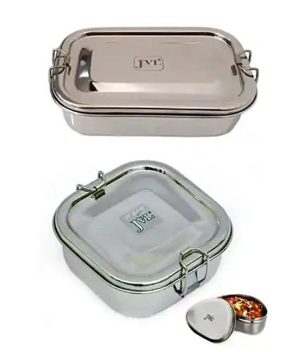 Jvl Stainless Steel Rectangular Single Layer Lunch Box With Inner Plate & Big Square Lunch Box With Small Container Not Leak Proof - Pack Of 2