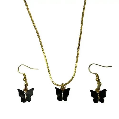 Black Butterfly Earring Pendant Chain Set