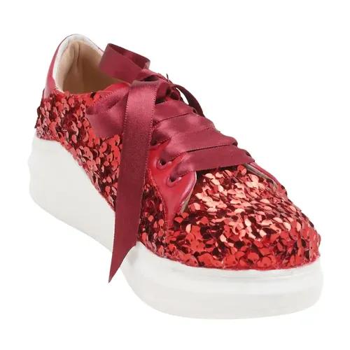 THE QUIRKY NAARI Ruby Crush Sequin Sneakers in Blazing Red | Red - 6 UK