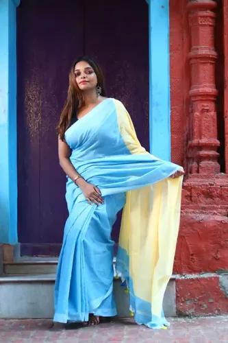 Pure Cotton Handloom Saree  - Sky Blue