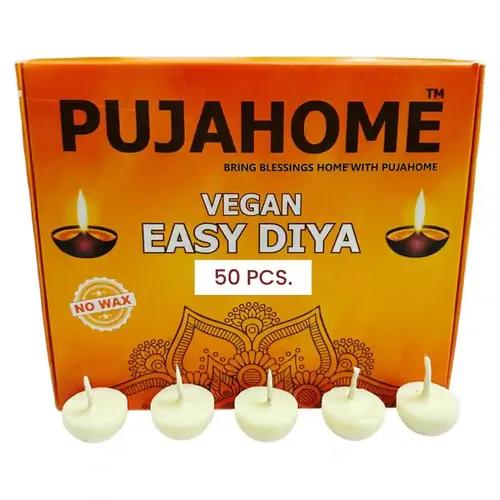 Pujahome Cotton Wicks with Ghee Wax Free Vegan Diya Batti for Daily Puja Readymade Ghee Diya Batti Easy to Use Long Lasting (50 Pieces Per Pack, Pack of 2, White)