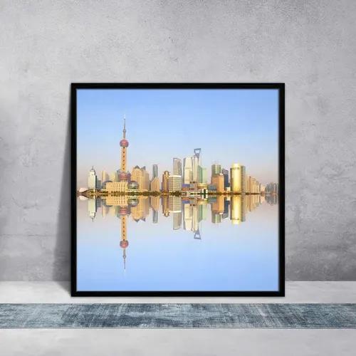 ArtzFolio 2012 Shanghai City Skyline At Dusk | Premium Canvas Painting for Bedroom & Living Room | Black Wood Frame | 16 x 16 inch (41 x 41 cms)