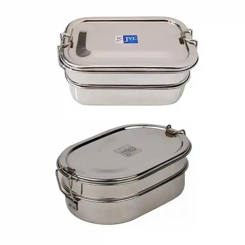 Jvl Stainless Steel Rectangular & Capsule Shape Double Layer Lunch Box With Inner Plate - Set Of 2