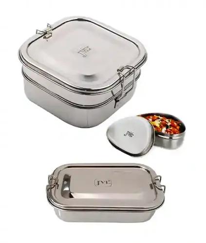 Jvl Stainless Steel Rectangular Single Layer Lunch Box With Inner Plate & Big Square Double Layer Lunch Box With Small Container Not Leak Proof - Pack Of 2