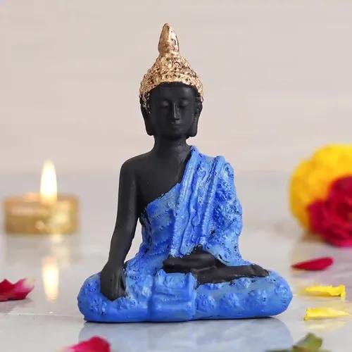 WEBELKART Premium Lord Gautam Buddha Statue Showpiece for Home/Office Decor | Diwali Corporate Gifts (4.92" Inches) (Blue)