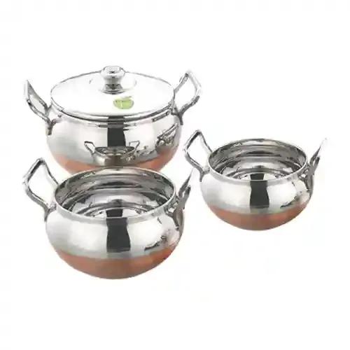 Stainless Steel Induction Cookware Sets and Gas Stove Serveware Essential Utensil Pot Handi Set with Lid - Set of 3