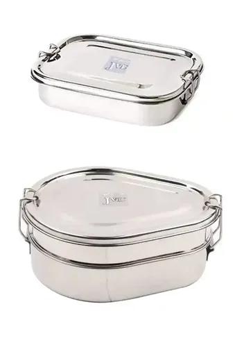 Jvl Stainless Steel Rectangular & Drop Shape Single & Double Layer Not Leak Proof Lunch Box With Inner Plate Set Of 2