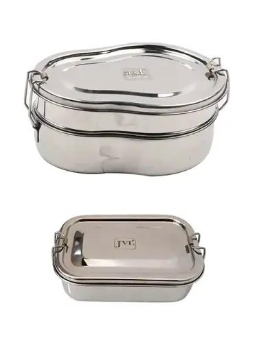 Jvl Stainless Steel Rectangular & Guitar Shape Single & Double Layer Not Leak Proof Lunch Box With Inner Plate - Set Of 2