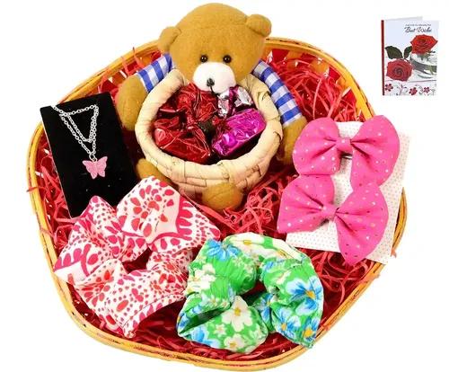 Mantouss Rakhi Gift For Sister/Rakshabandhan Gift/Birthday Gift For Sister/Gift For Sister-Decorated Basket+Chocolate In A Teddy Bear Basket+2 Scrunchies+Beautiful Pendant+Best Wishes Greeting Card