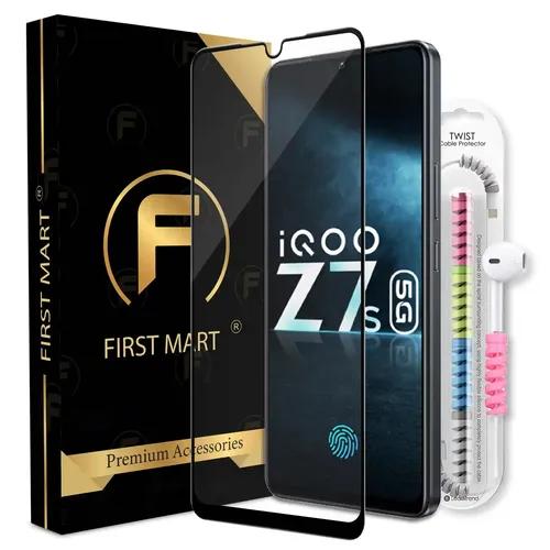 FIRST MART Premium Tempered Glass for iQOO Z7s 5G / iQOO Z7 5G / Vivo T2 5G with Edge to Edge Coverage and Cable Protector and Easy Installation Kit, Pack of 1