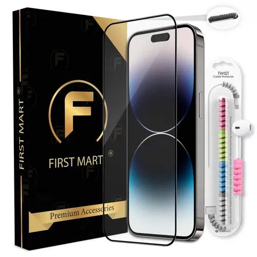 FIRST MART Premium Tempered Glass for iPhone 14 Pro Max Edge to Edge Screen Coverage, Speaker Mesh Dust Filter & Cable Protector with Easy Installation Kit