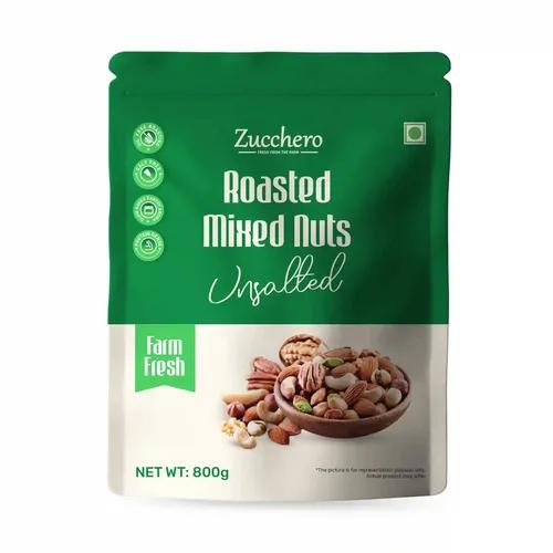 Zucchero Roasted Premium Mixed Nuts, Unsalted, 800g (California Almond, Cashew, Premium Peanuts, Pistachio) | Oil-Free Roasting | No Oil | No Salt | Slow Baked Nuts