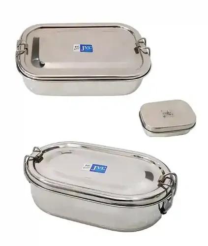 Jvl Stainless Steel Rectangular Single Layer Lunch Box With Small Container & Big Capsule Lunch Box With Inner Plate Not Leak Proof - Pack Of 2