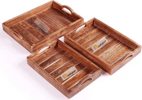 Craftykart Sheesham Wood Serving Tray - Brown Set -3