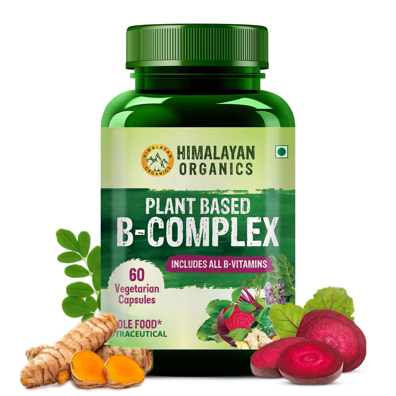 Himalayan Organics Plant Based B-Complex Vitamins B12, B1, B2, B3, B5, B6, B9 and Biotin for Metabolism, Hair and Energy- 60 Veg Capsules