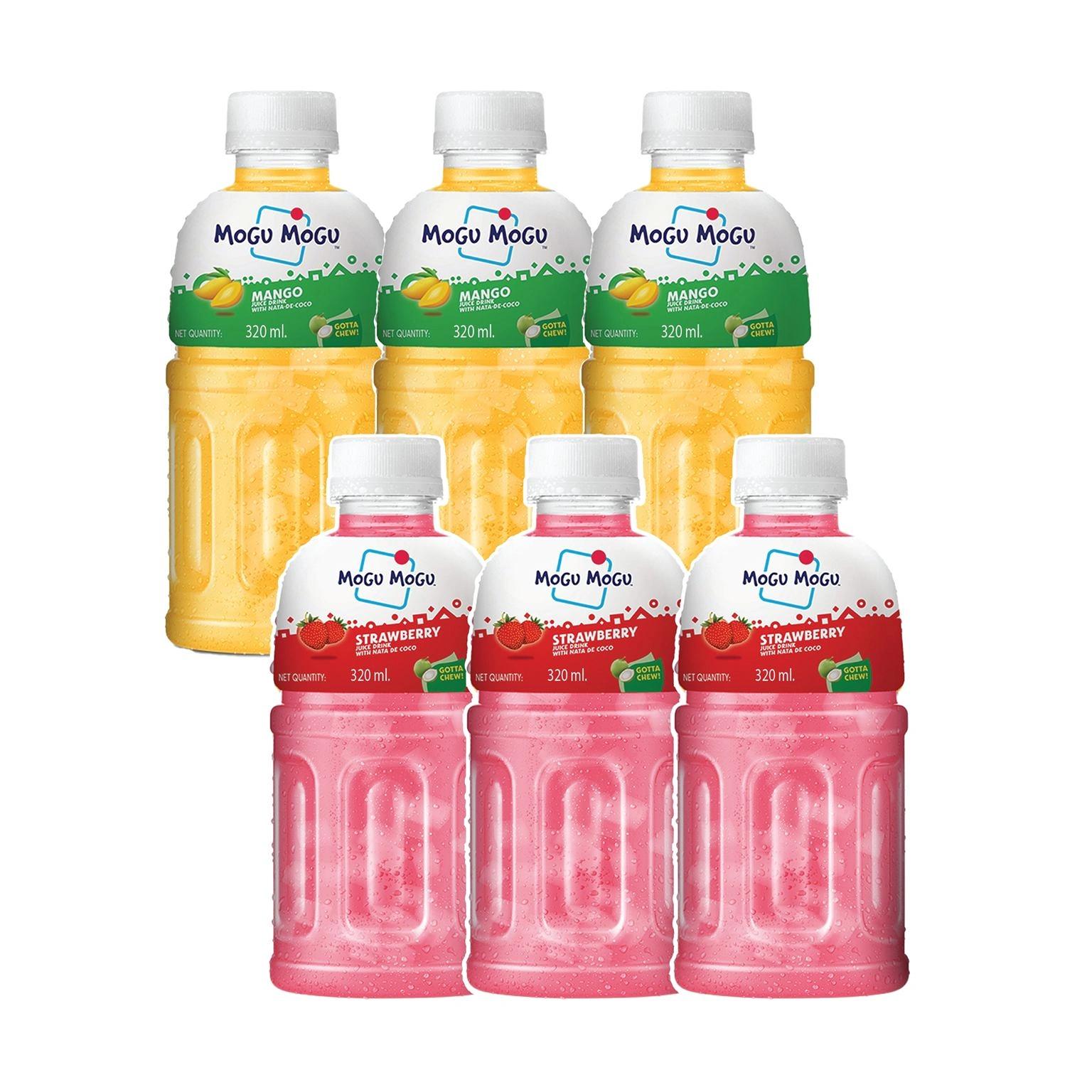 Mogu Mogu Combo Pack of Strawberry & Mango with 25% NATA De Coco 320ml - (Pack of 6)