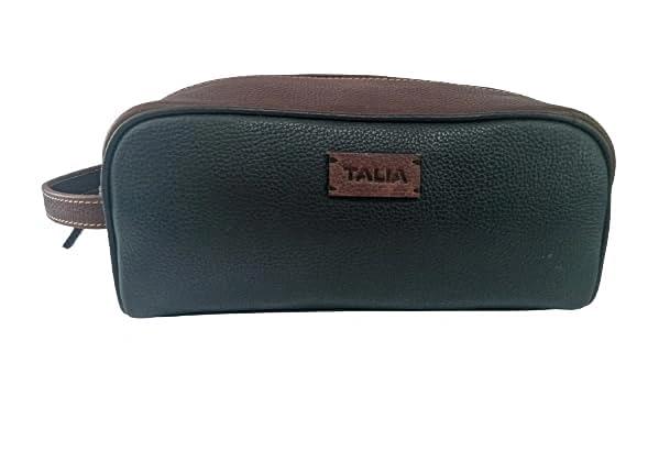 TALIA - Genuine Full Grain Leather Top Zippered Shave Kit - Black/Brown