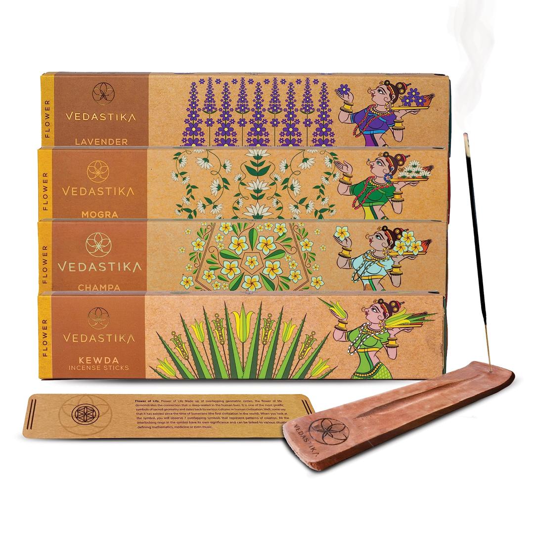 VEDASTIKA Floral Bliss Flower Fragrance Long-Lasting Aroma Therapy Charcoal Free Incense Sticks Non-Allergic Handmade Agarbatti for Pooja n Meditation with Burner Stand_Pack of 4